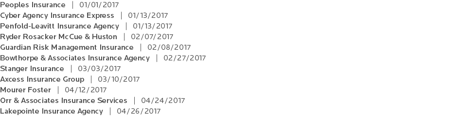 Peoples Insurance | 01/01/2017 Cyber Agency Insurance Express | 01/13/2017 Penfold-Leavitt Insurance Agency | 01/13/2017 Ryder Rosacker McCue & Huston | 02/07/2017 Guardian Risk Management Insurance | 02/08/2017 Bowthorpe & Associates Insurance Agency | 02/27/2017 Stanger Insurance | 03/03/2017 Axcess Insurance Group | 03/10/2017 Mourer Foster | 04/12/2017 Orr & Associates Insurance Services | 04/24/2017 Lakepointe Insurance Agency | 04/26/2017