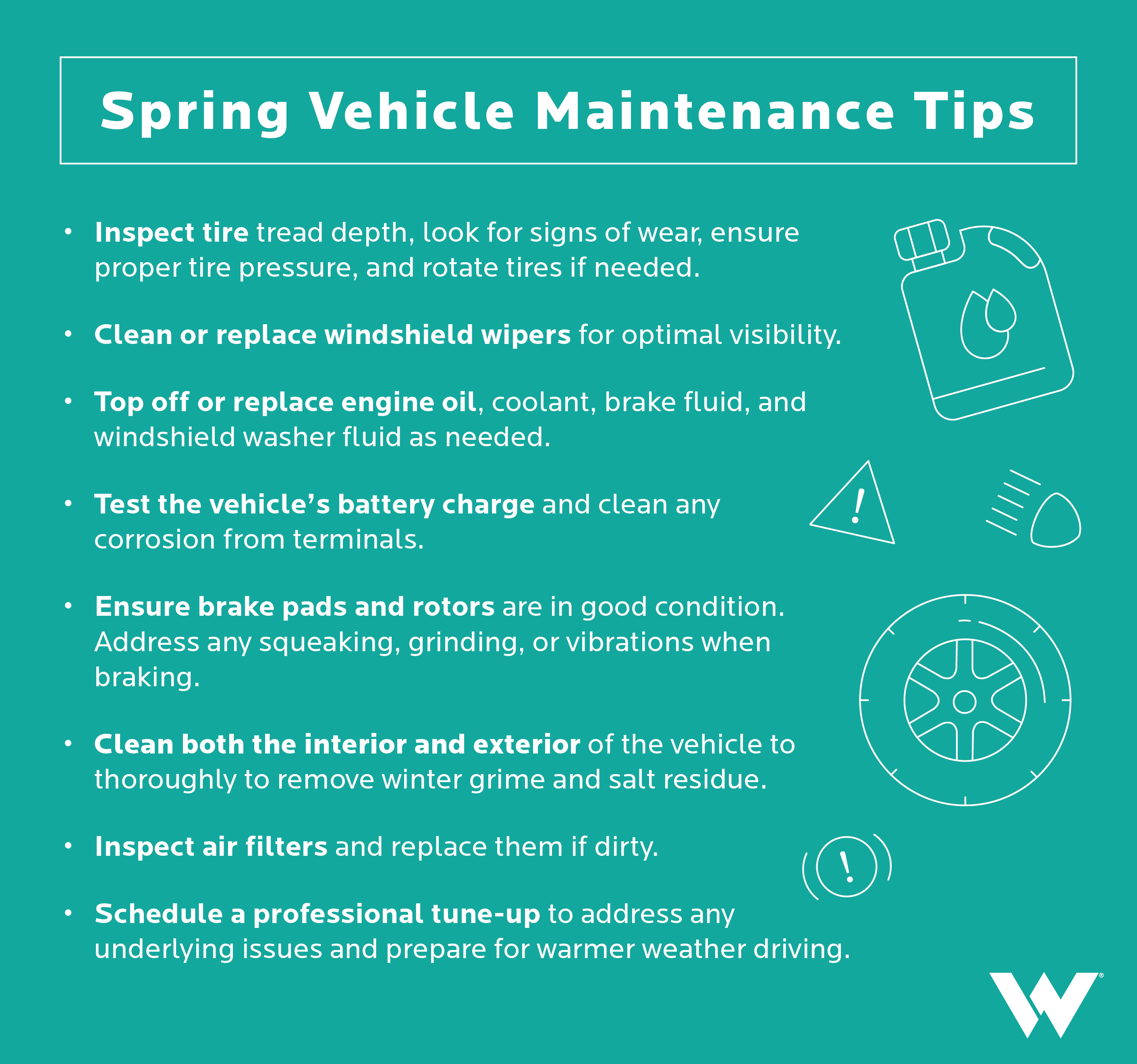 A social media graphic with a list of spring maintenance tips for your vehicle.