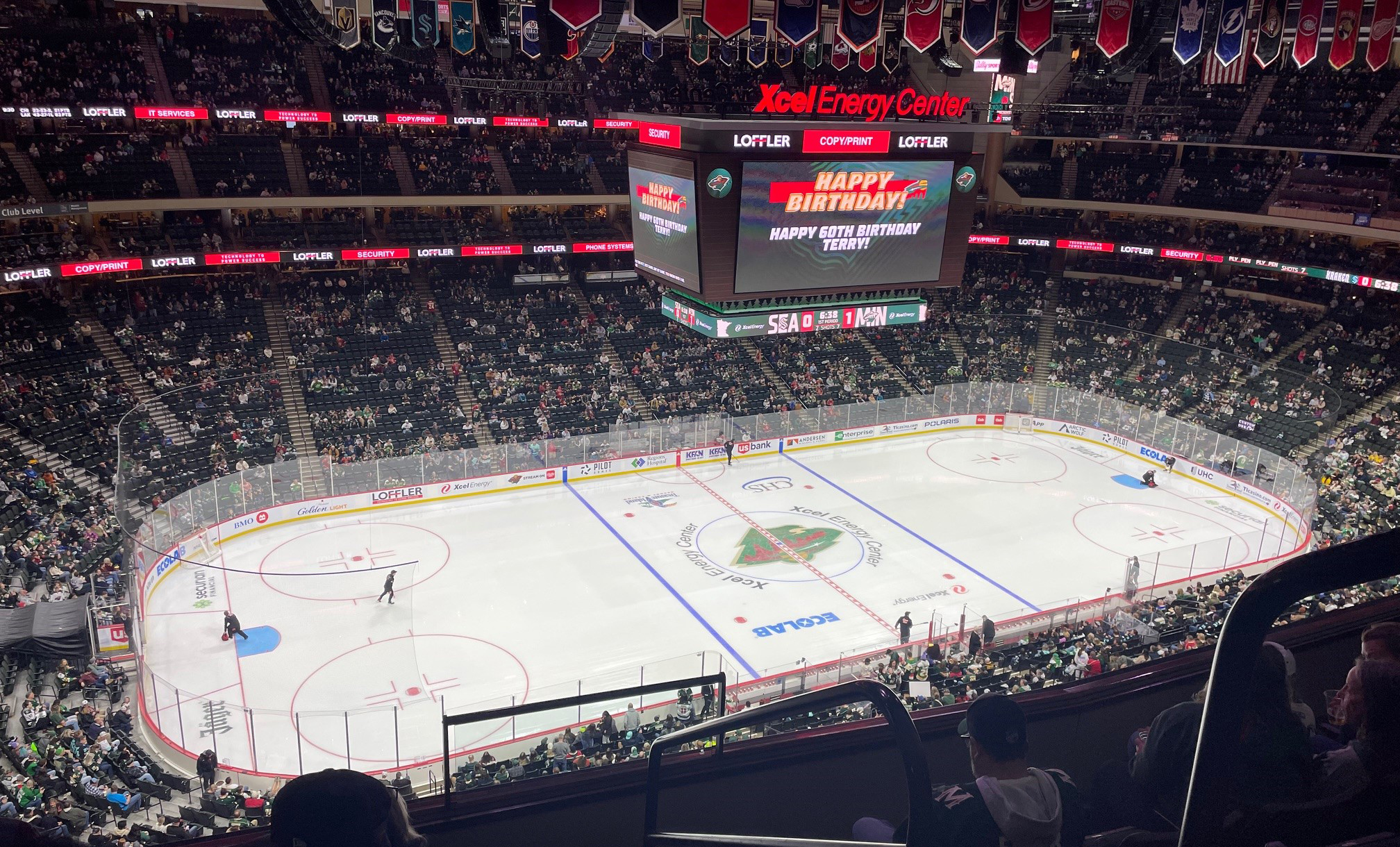 View of the hockey rink at Xcel Energy Center.