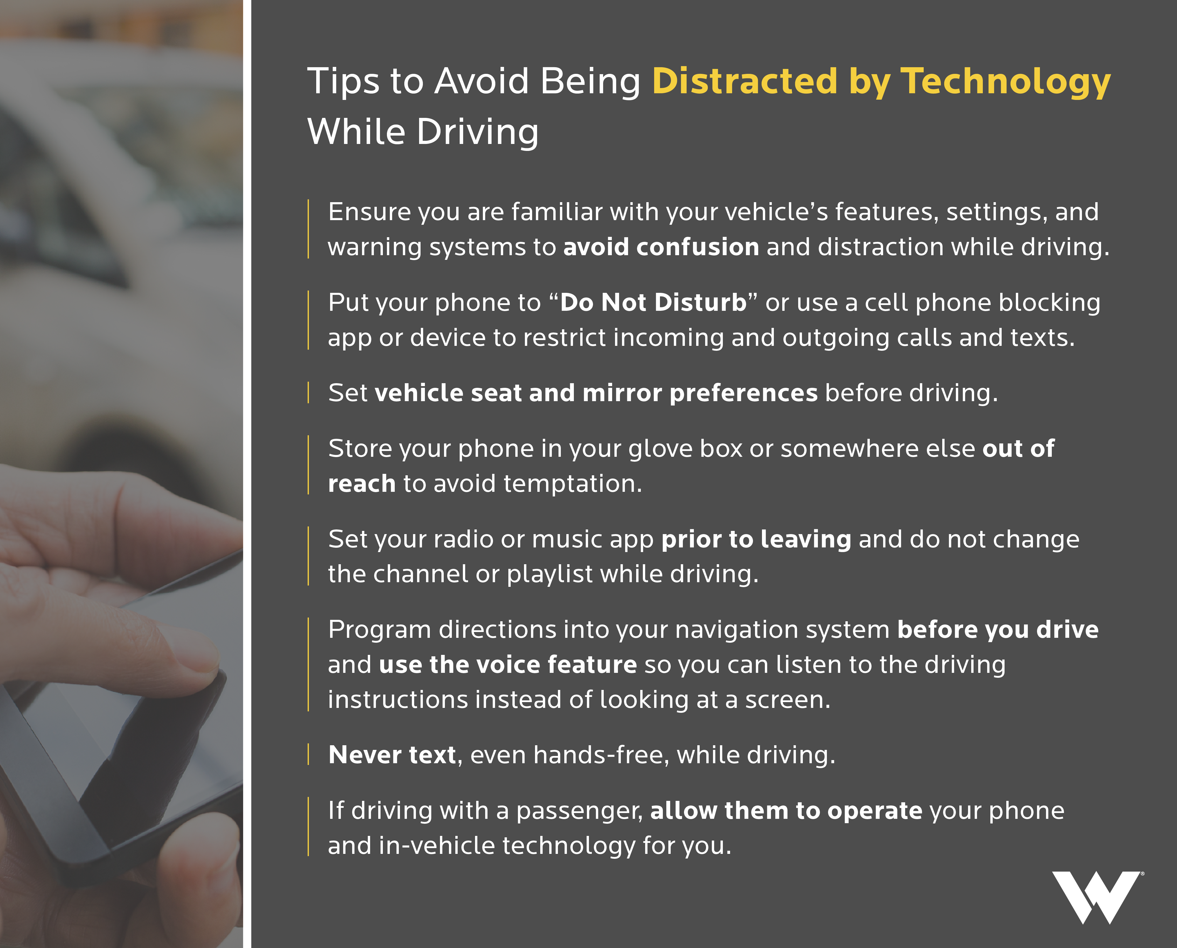 A social media graphic with a tip on how to avoid being distracted by technologoy while driving.