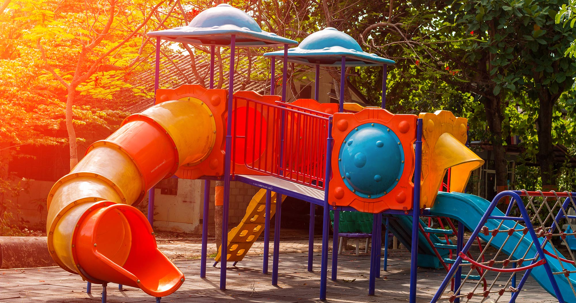 Sun-lit playground equiptment.