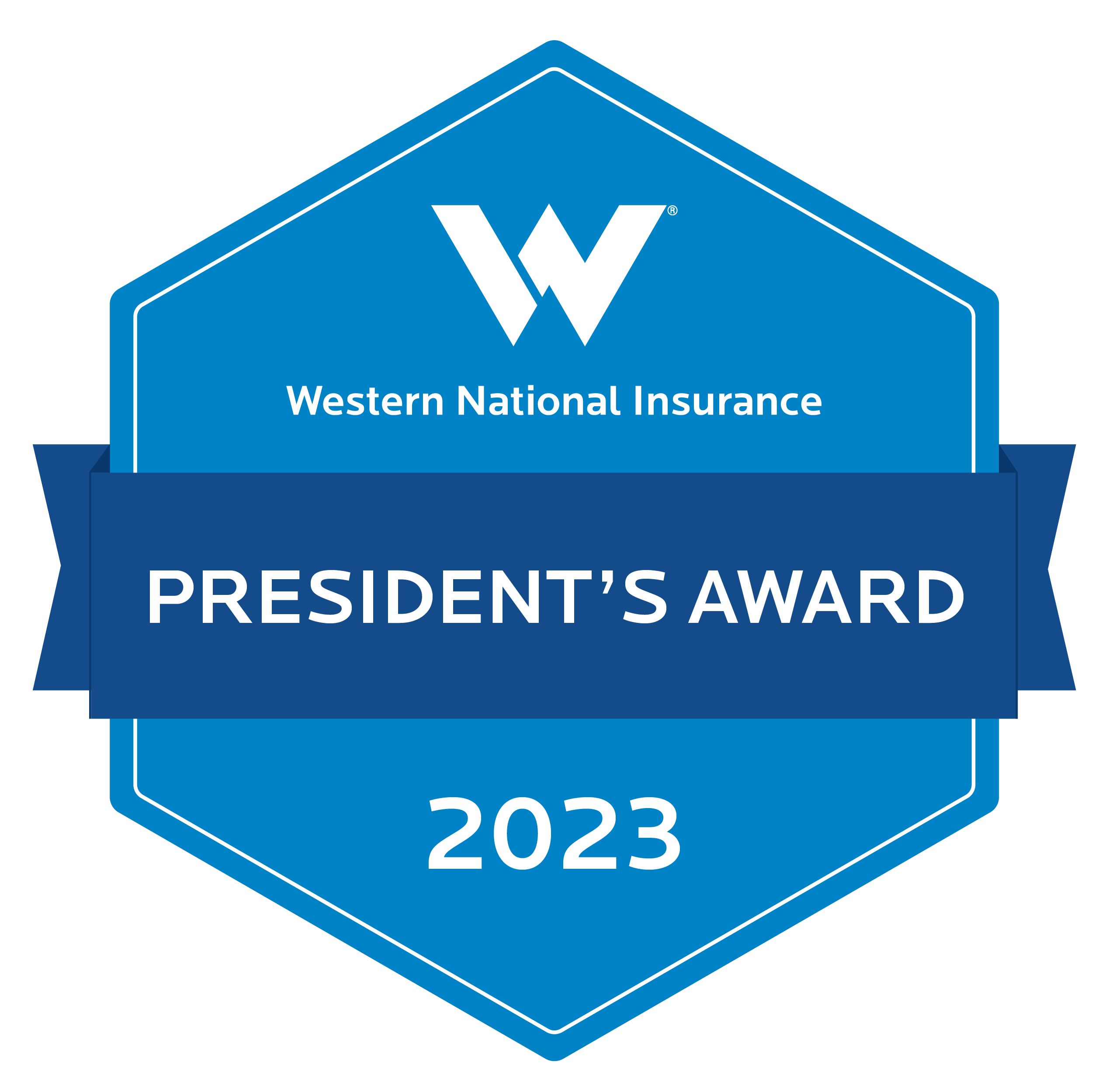 Light blue hexagon with dark blue ribbon that says Western National Insurance President's Award 2023
