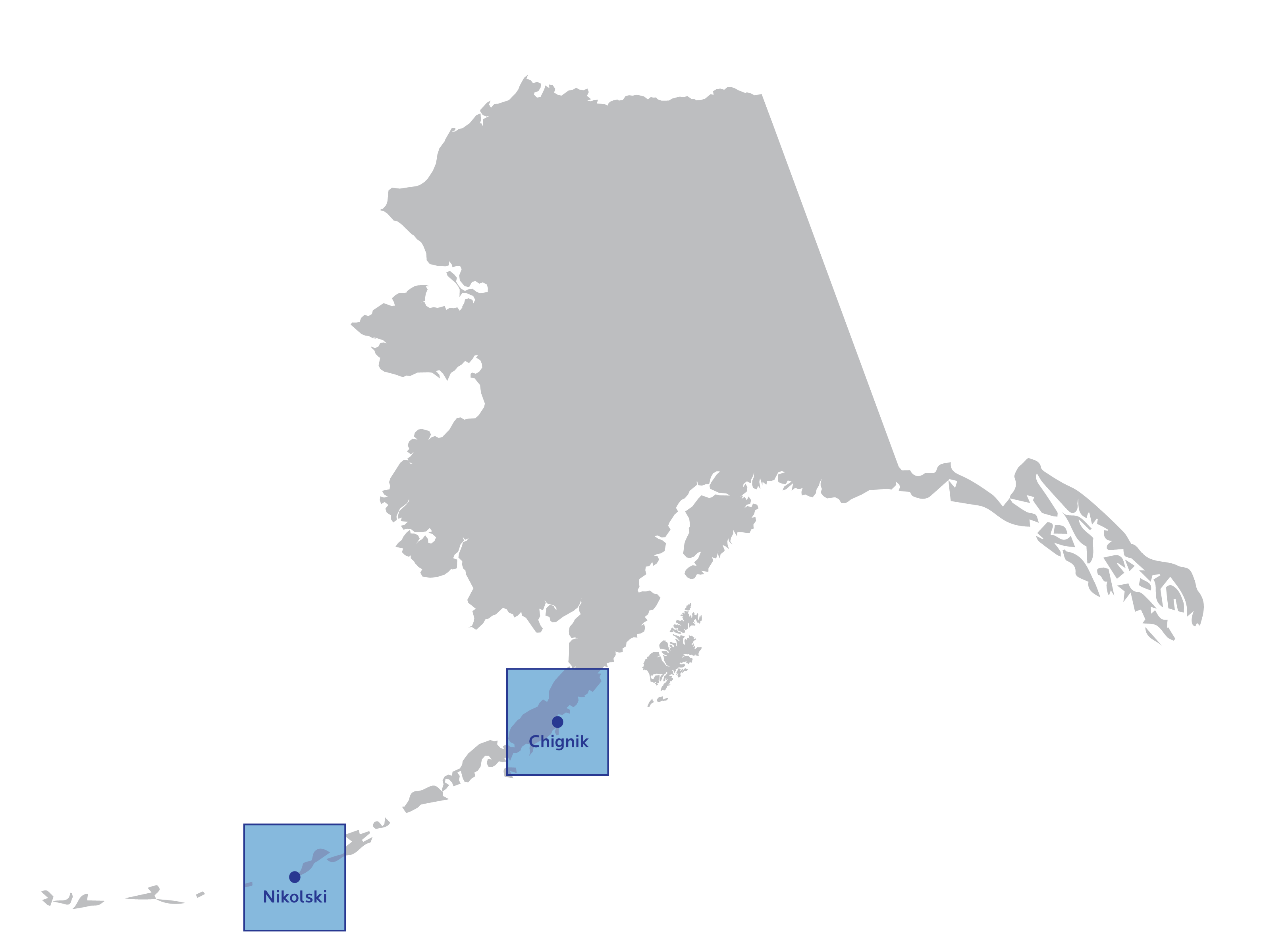 Map of Alaska with Chignik and Nikolski highlighted.