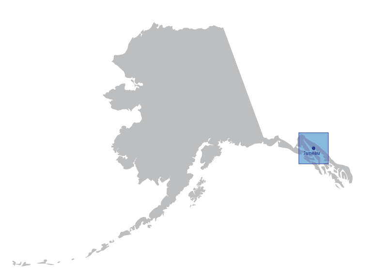 Map of Alaska with Juneau highlighted.