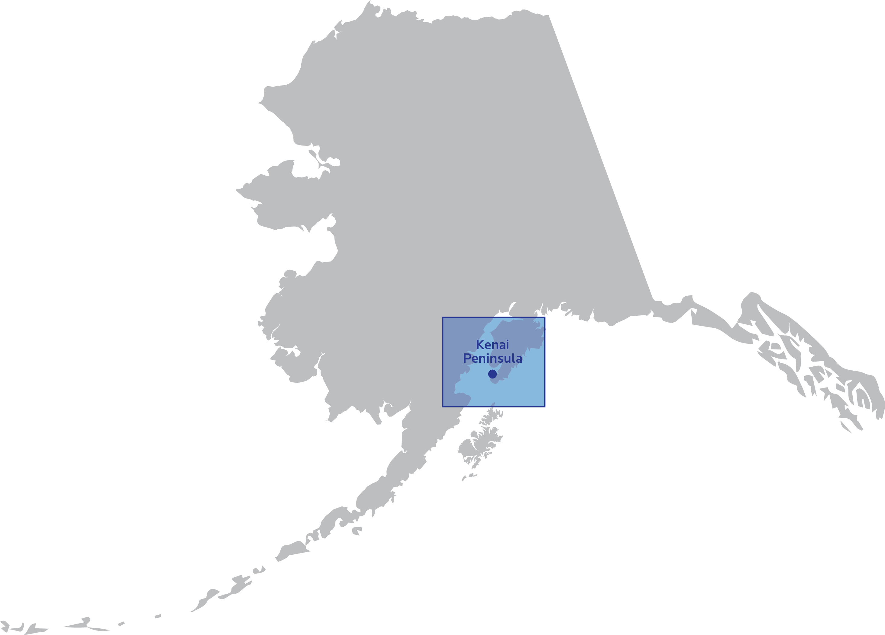 Map of Alaska with the Kenai Peninsula highlighted.