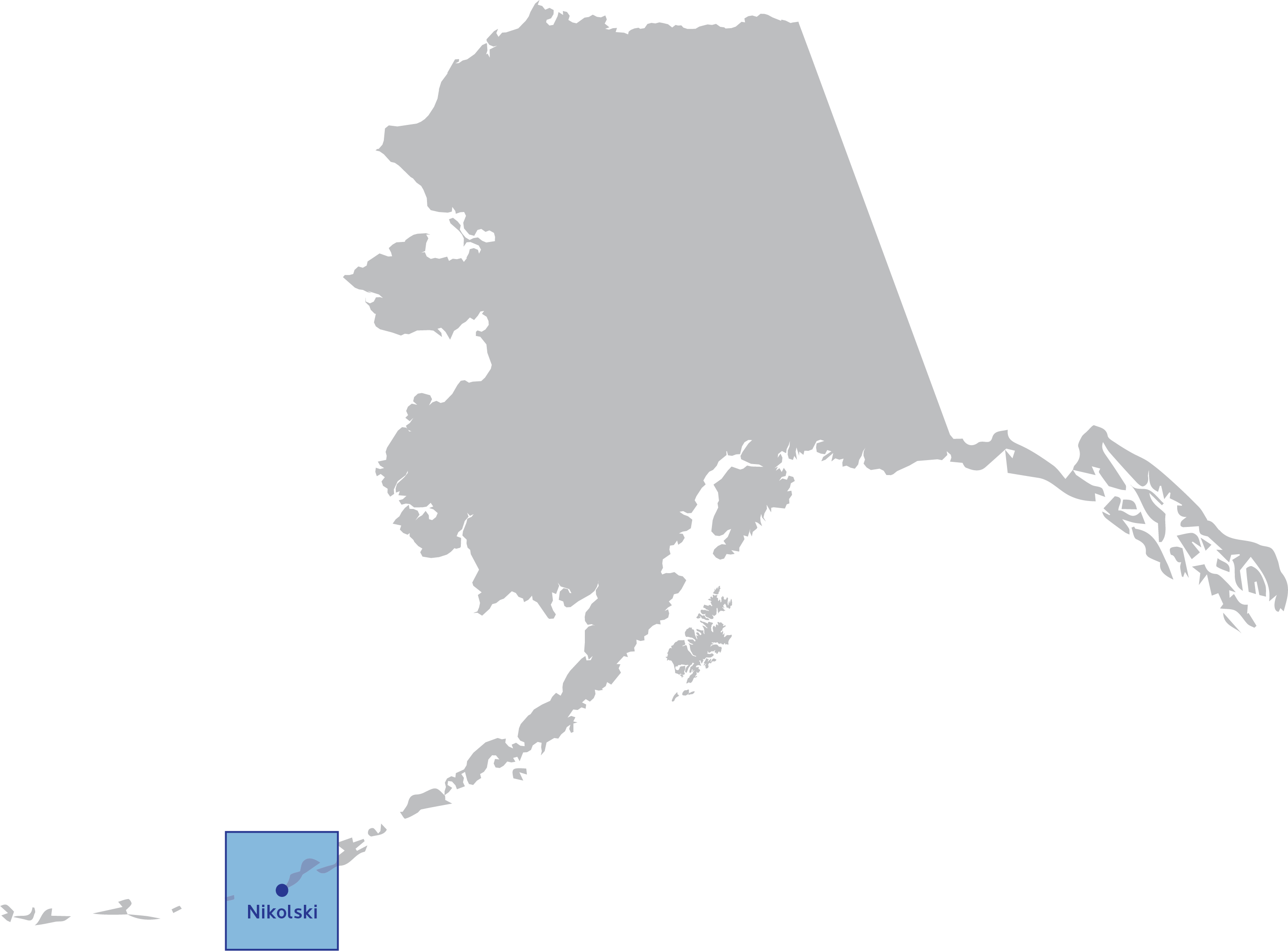 Map of Alaska with Nikolski highlighted.