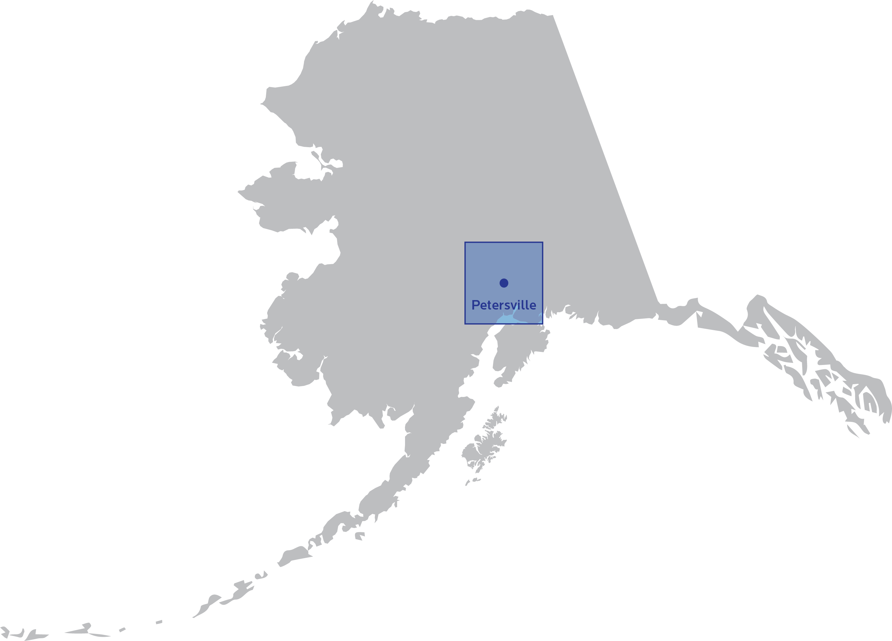 Map of Alaska with Petersville highlighted.