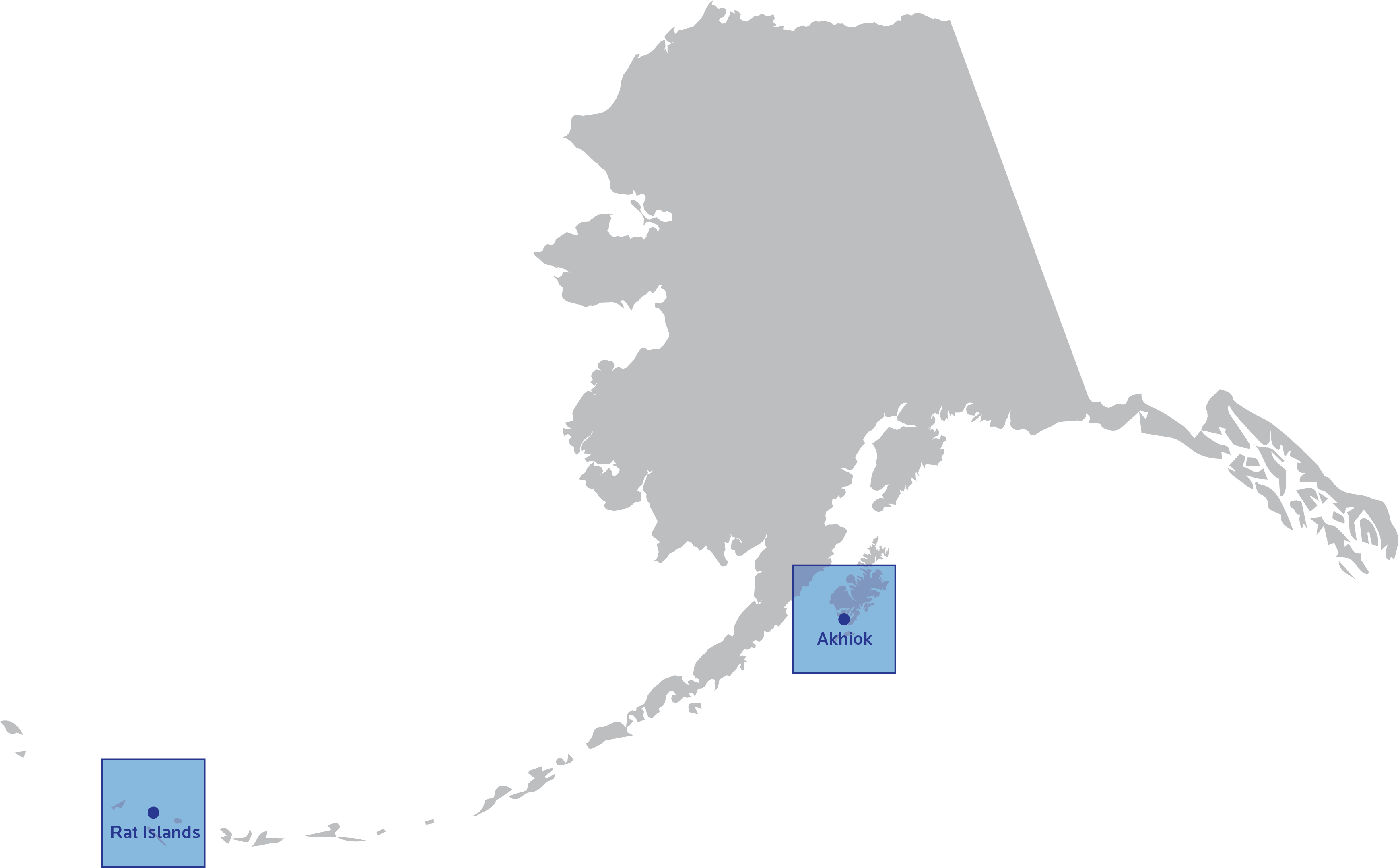 Map of Alaska with Rat Island and Akhiok highlighted.