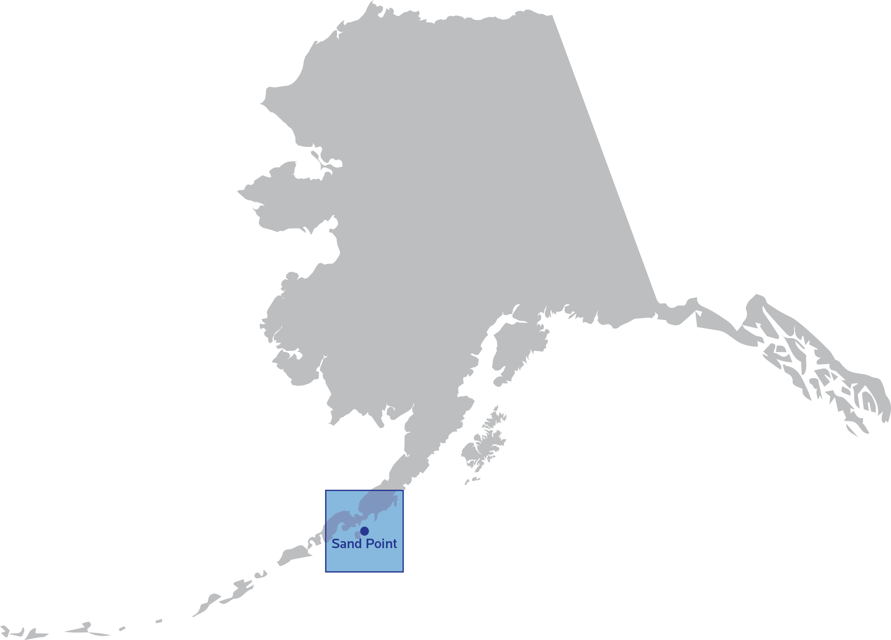 Map of Alaska with Sand Point highlighted.