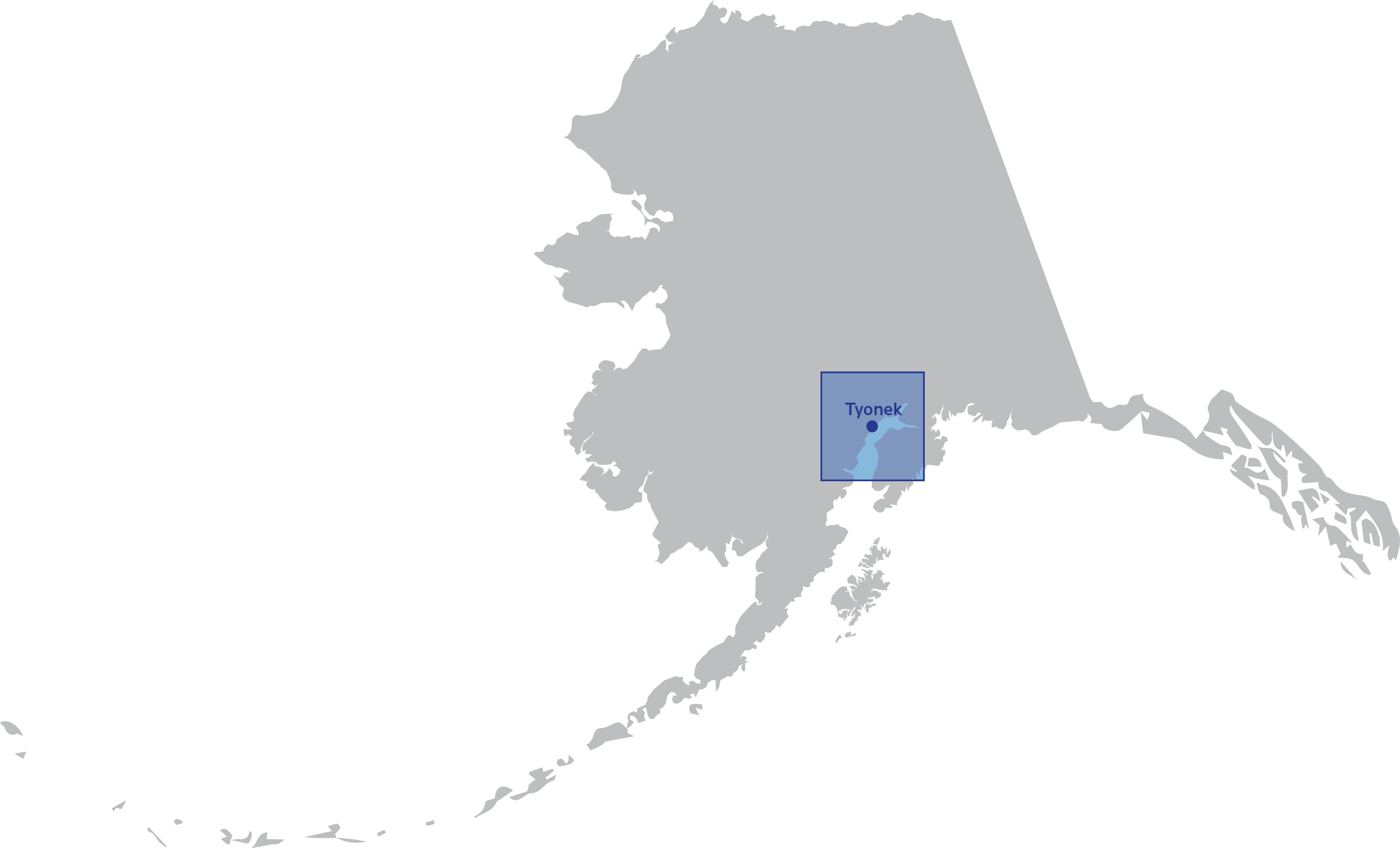 Map of Alaska with Tyonek highlighted.