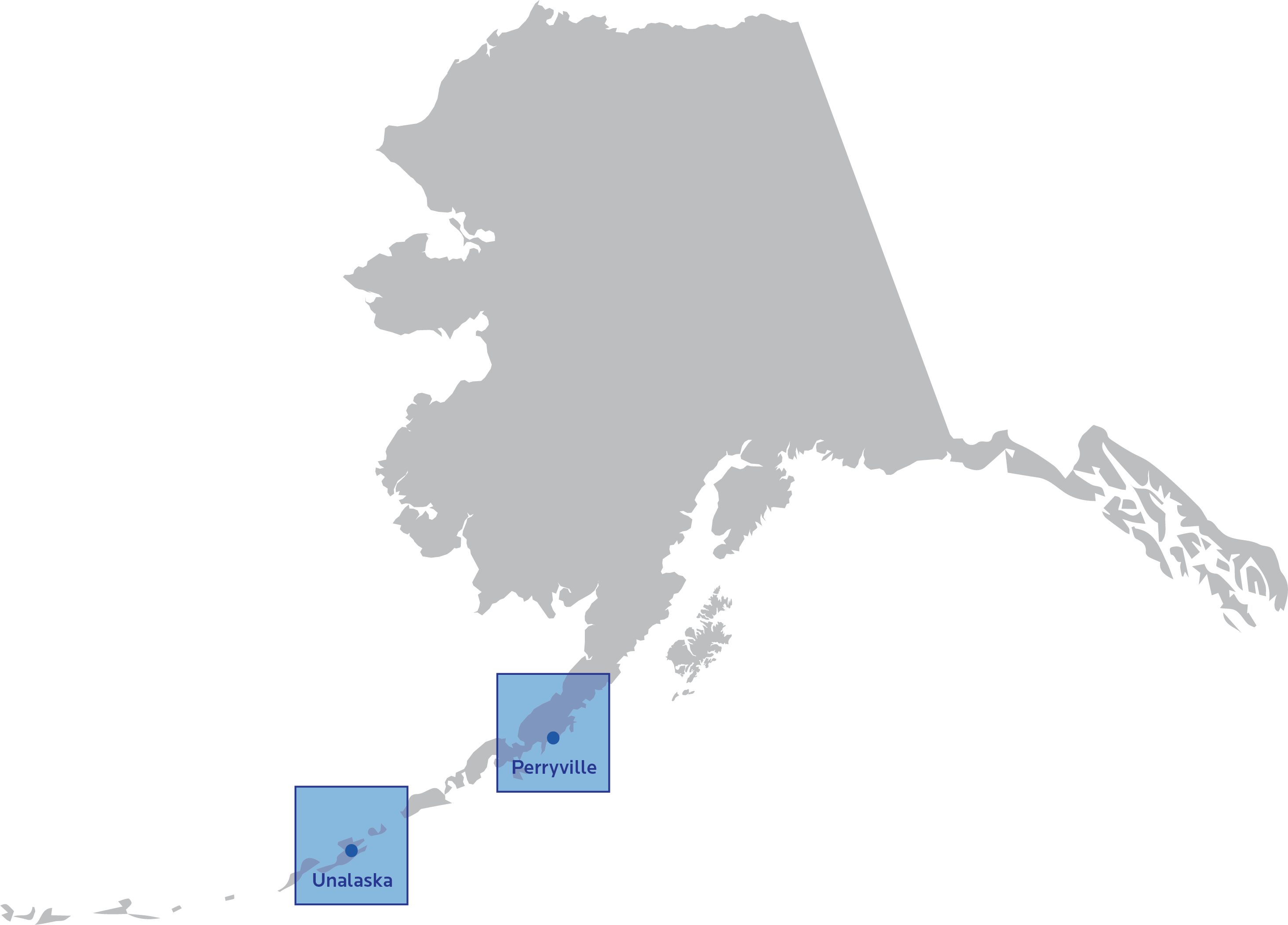 Map of Alaska with Unalaska and Perryville highlighted.